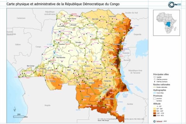 RD Congo : carte physique et administrative - A0